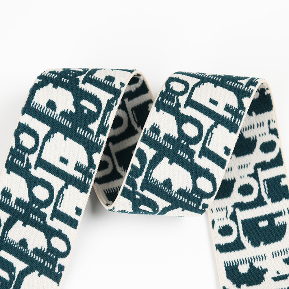 Jacquard-Gummiband mit 48 % NYLON, 41,3 % POLYESTER, 10,7 % ELASTAN, individuelles Logo, kontinuierlich gefärbt